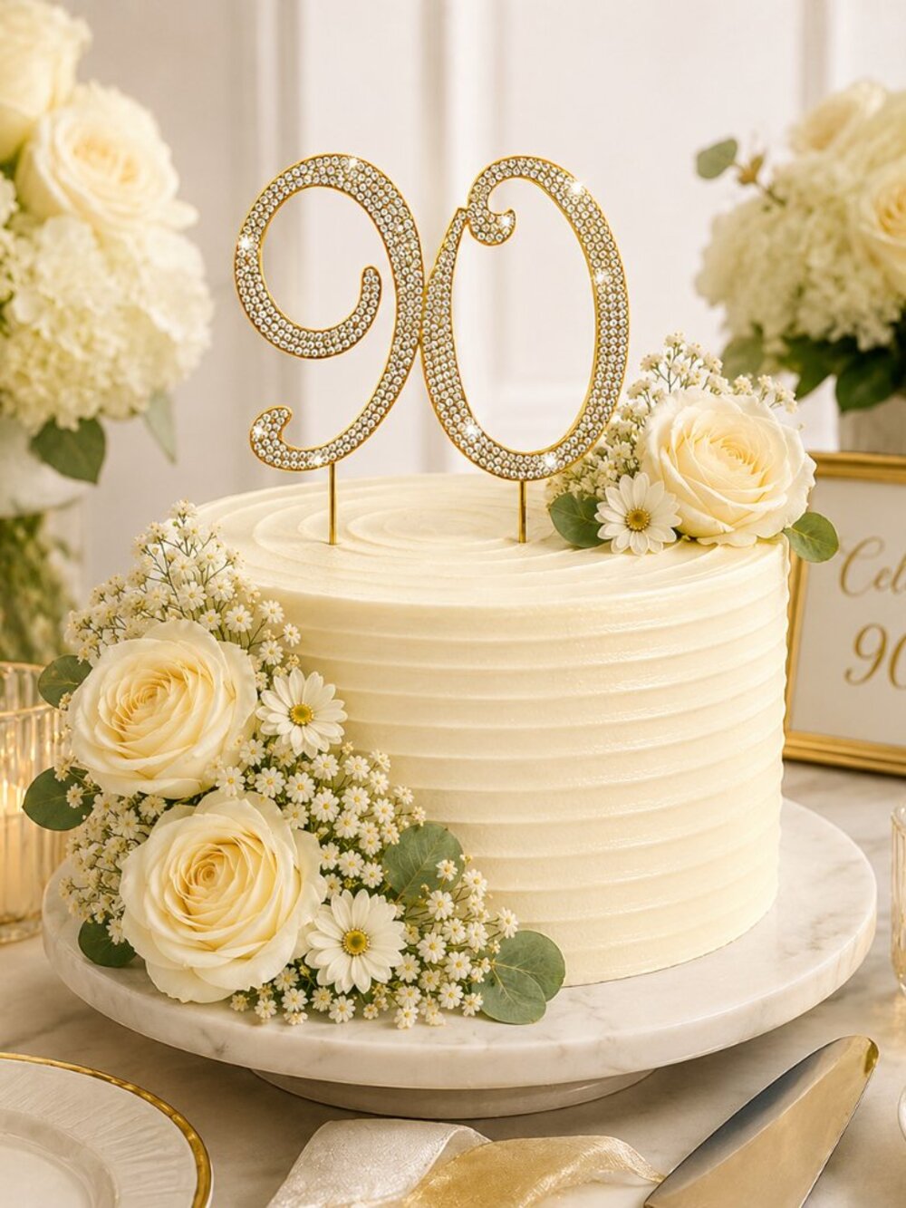 Rhinestone Cake Topper - Number 90 - Gold Metal with Czech Rhinestones
